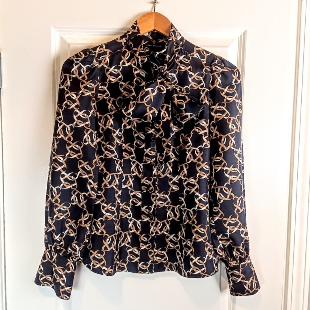 Banana Republic Black Tan Silk Ribbon Print Tie Neck Blouse